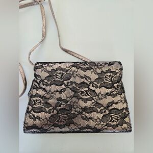 Neiman Marcus Black & Gold Lace Overlay Evening Clutch Crossbody Bag